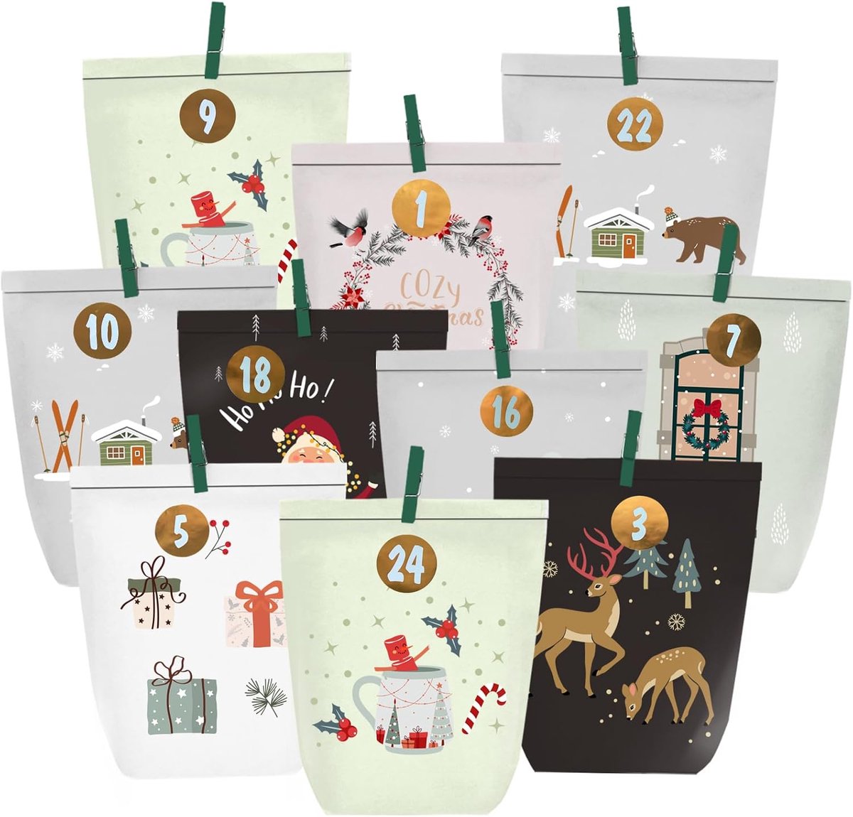 Adventskalender zelf te vullen - 24 kerstpapieren zakjes - met nummerstickers en houten clips - unieke DIY ervaring - ShopVlot