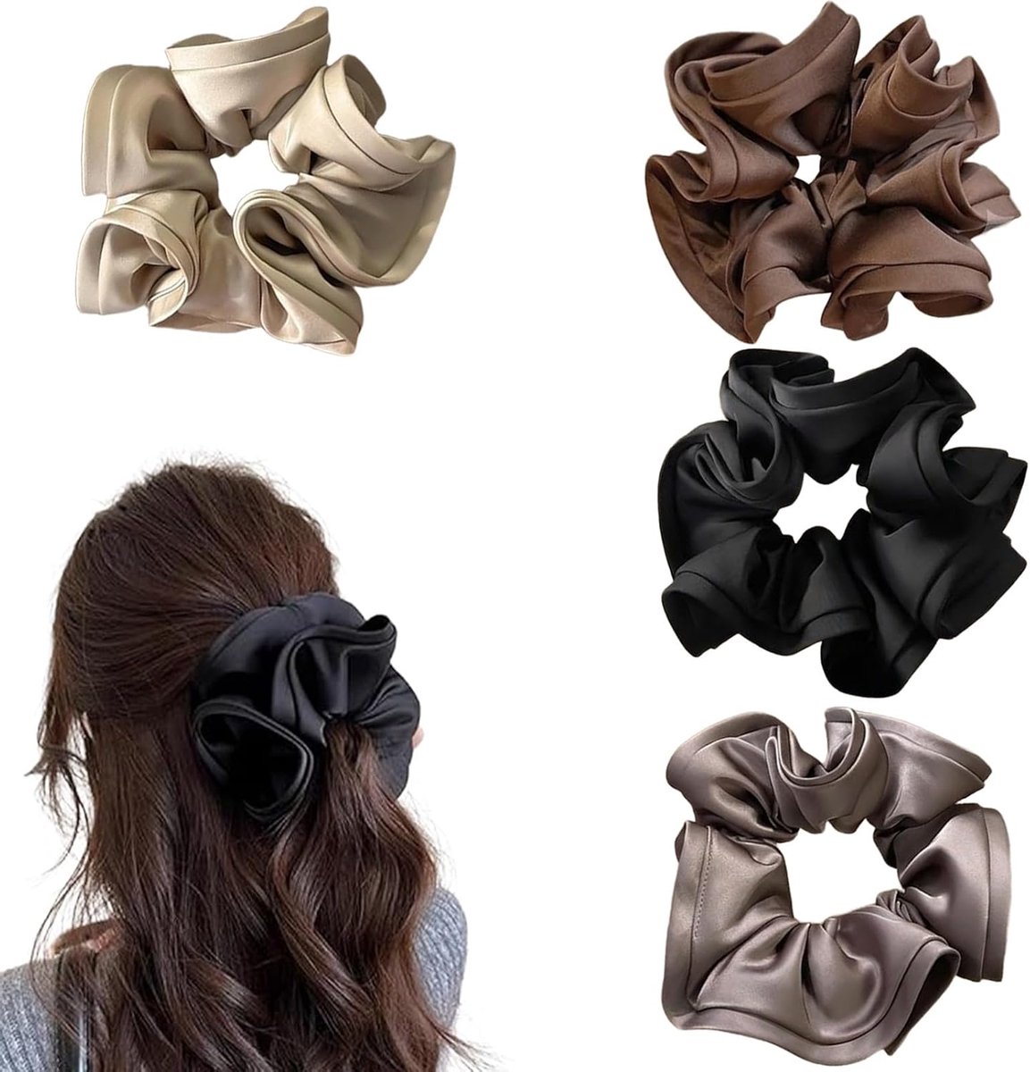 Haarelastiekjes set van 4 grote - zijden scrunchies - elastisch en zacht - minimaliseert haarwrijving - ShopVlot