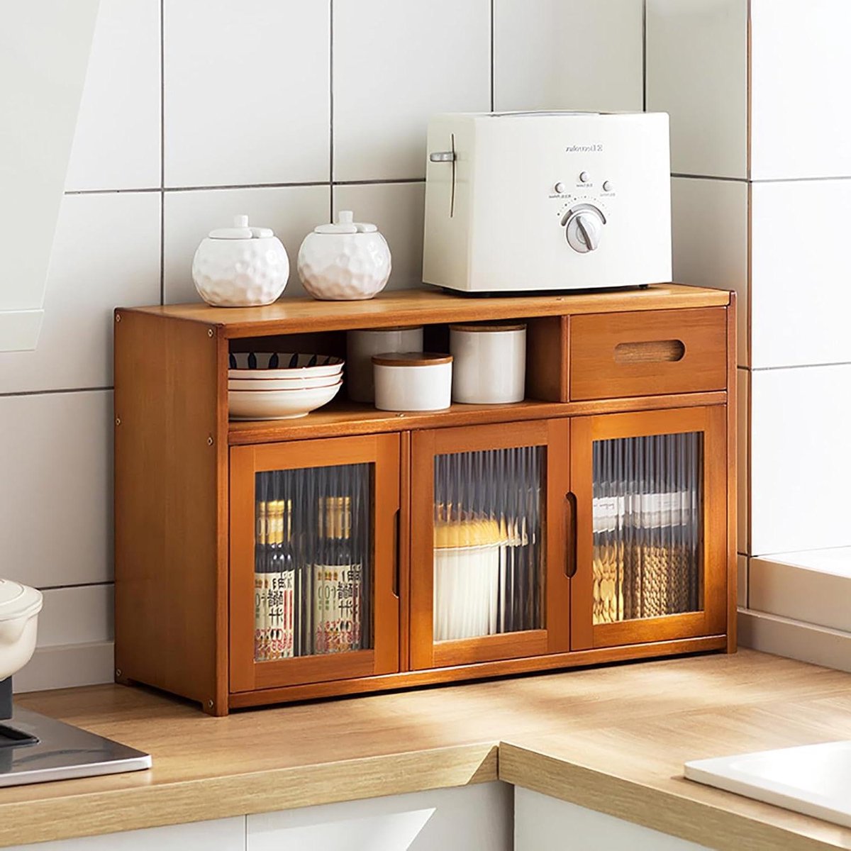 Keukenkast met Deuren - Opbergkast Dressoir - Keuken Organiseren - Stofdicht Acryl Glas - Verstelbare Plank - Bruin