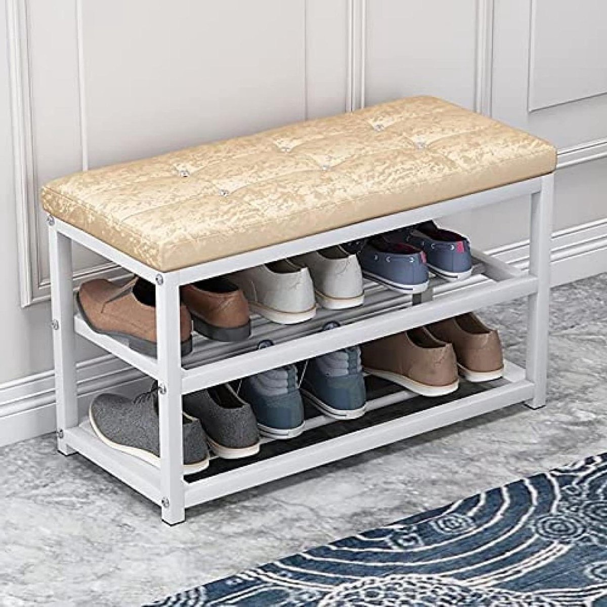 Schoenenbank Met Kussen - Schoenenopberger Hal - Schoenen Aantrekken - Metalen Frame - 50x45x30cm - Geel