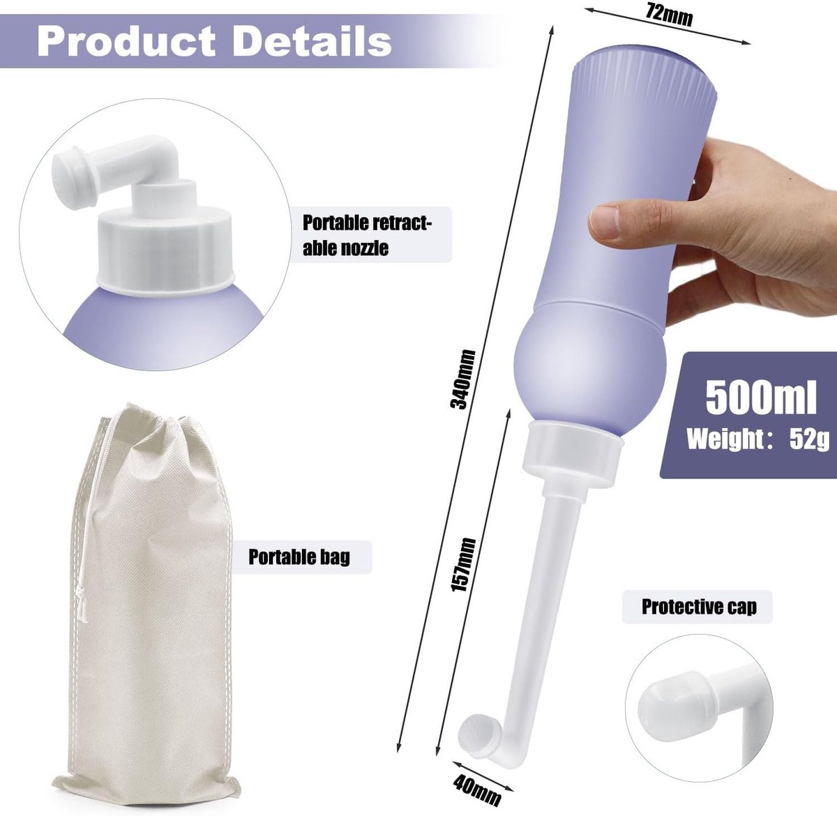 500ml Po Shower with Travel Pouch, Retractable Portable Bidet for Travel and Home, Replaces Wet Wipes, Save Toilet - SnelShoppen