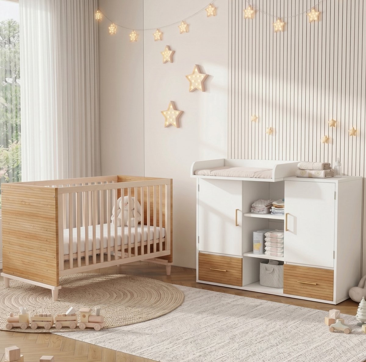 MIVRAY Commode En Ledikant Set 114x53x92cm - Babykamer Met Opbergruimte En Verzorgingstafel Zonder Matras - Hout En MDF - Naturel Wit