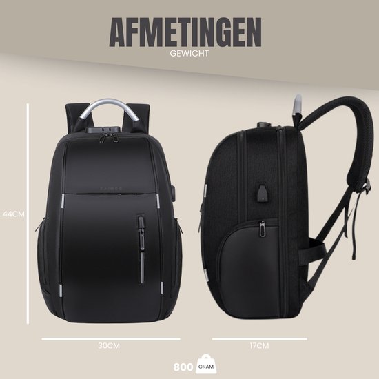 Afmetingen van de zwarte Caimco rugzak: 44 cm hoog, 30 cm breed en 17 cm diep. Gewicht 800 gram.