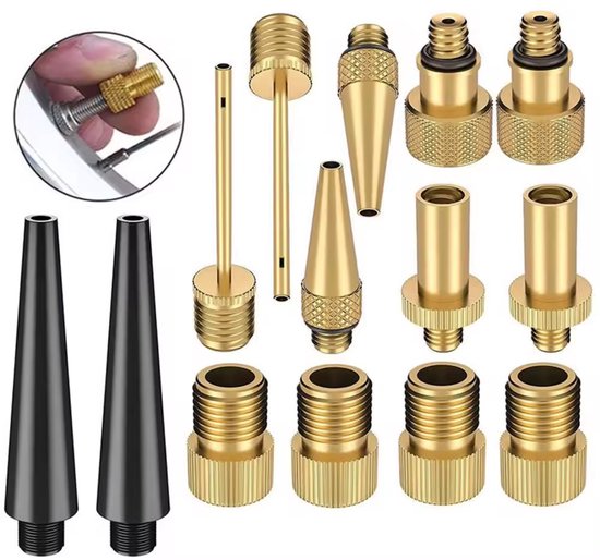 Diverse gouden ventieladapters en zwarte opzetstukken, met vergroting van een hand die een adapter op een ventiel schroeft.