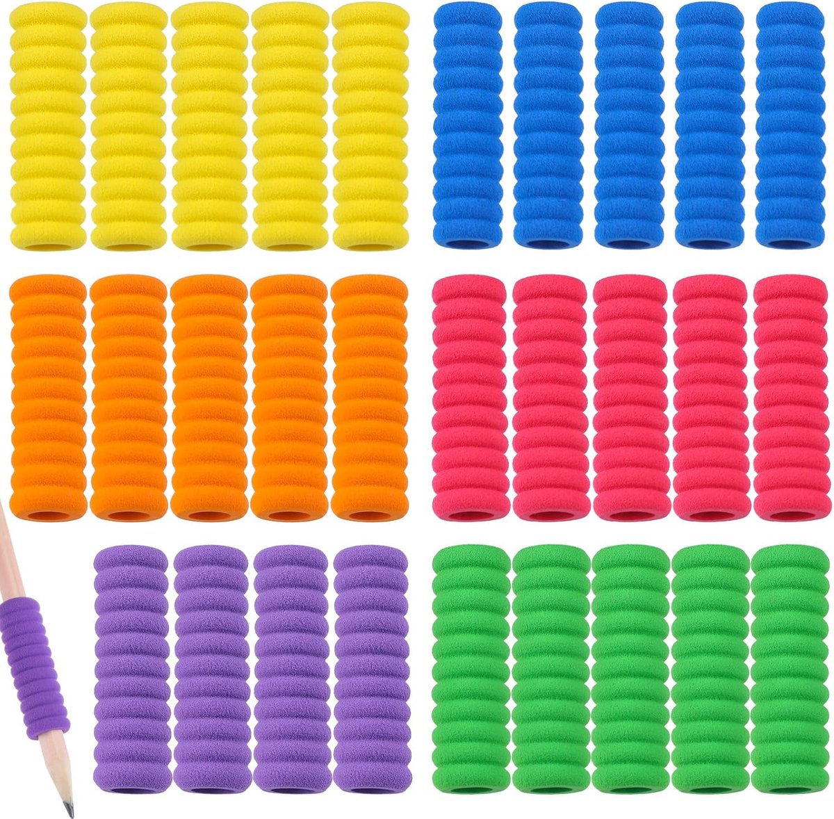 SnelShoppen - 30 Stuks Schuim Grip Potloodhouders voor Kinderen, Ergonomische Schrijfhulp, Kleur: 6 Kleuren, Ideaal voor School en Thuisgebruik