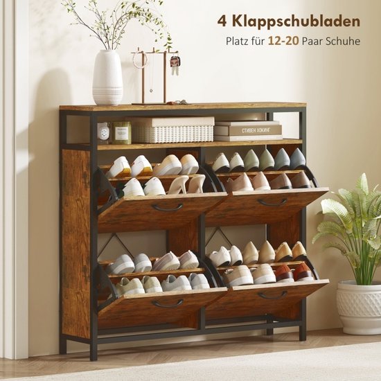 Schoenkast Met 4 Klapvakken En Open Vak - Smal Industrieel Design Voor Hal En Woonruimte - Hout En Staal - Rustic Brown - 98x24x95 Cm — afbeelding 4