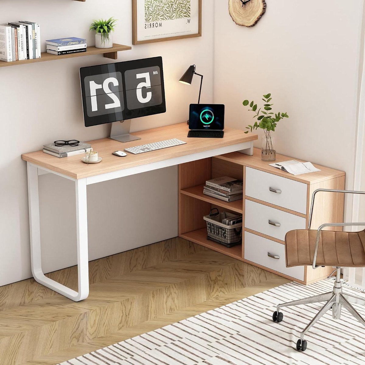 Bureau met laden - Werktafel Bureaukast - Thuiswerken Organiseren - Stabiel Draagvermogen - 147x100x75.3cm - Naturel