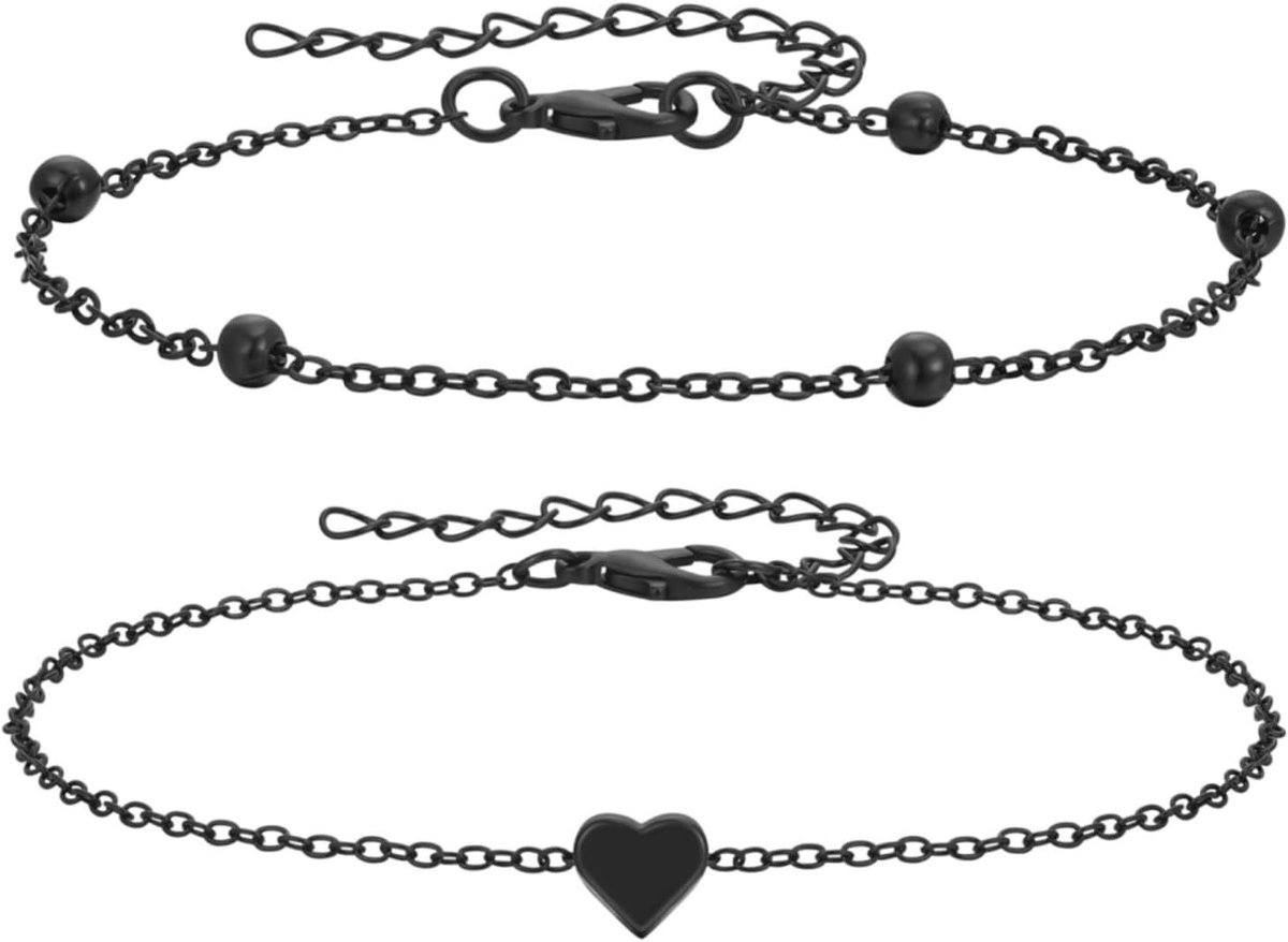 anklet dames zwart 2 stuks - verstelbare enkeljuwelen roestvrij staal - hartvormige armband en voetketting - SnelShoppen
