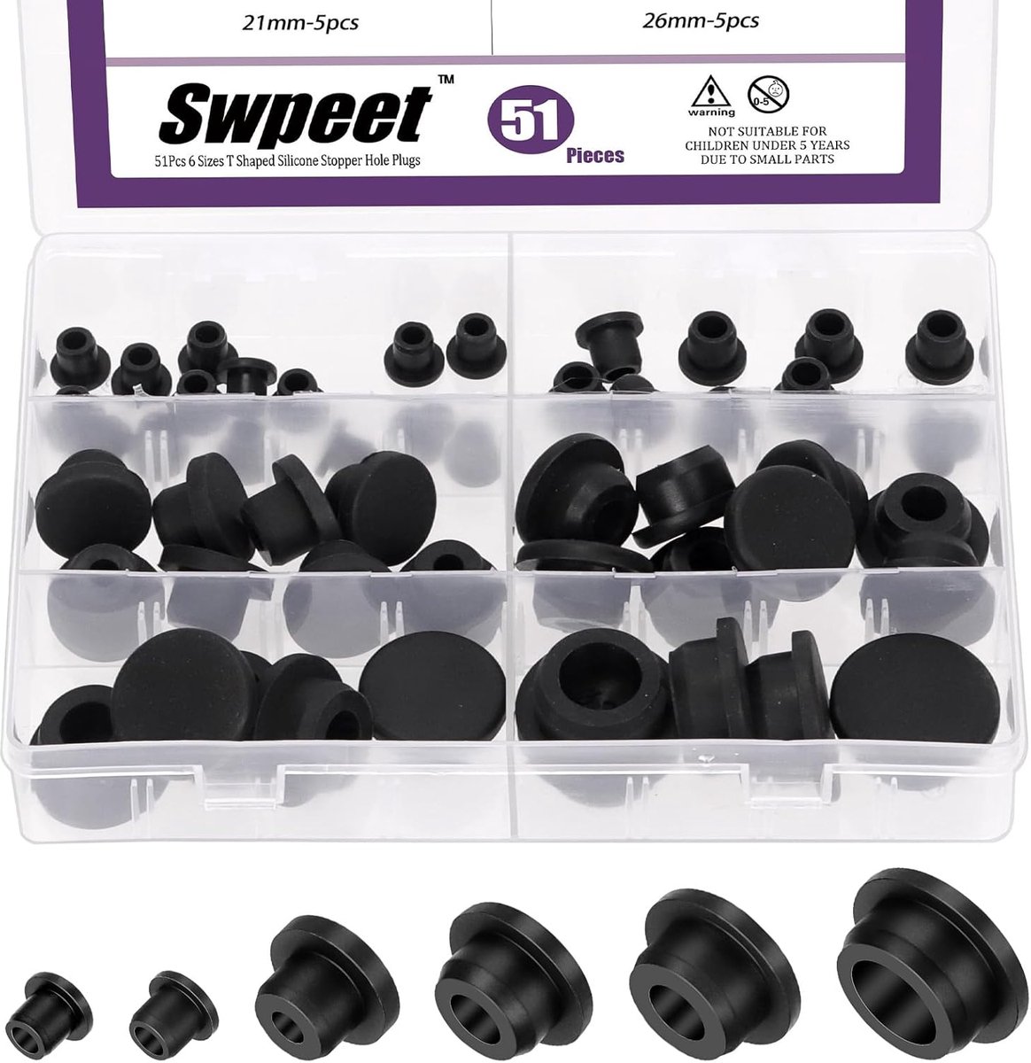 Silicone rubber hole plug kit 51pcs - 6 maten 8.3/10/15/19/21/26mm - waterdicht en duurzaam - ideaal voor afdichting - SnelShoppen