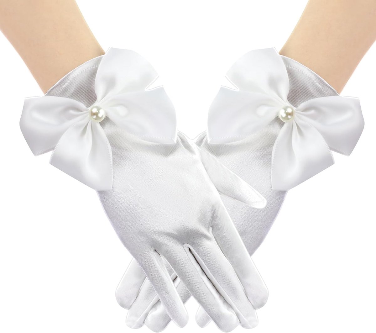 Korte Satijnen Handschoenen Dames - Elegante Opera Handschoenen - Met Strik en Parels - SnelShoppen