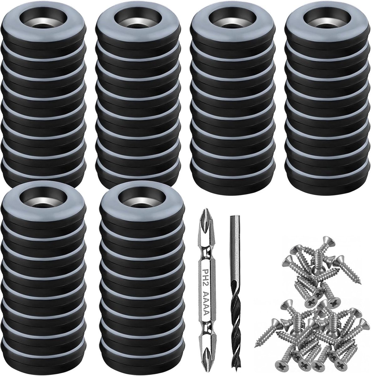 Glijders om te schroeven, 48 stuks, Ø 22 mm, rond, zwart, met 48 roestvrijstalen schroeven en 2 boorgaten, meubelglijders, set meubelglijders, bescherming