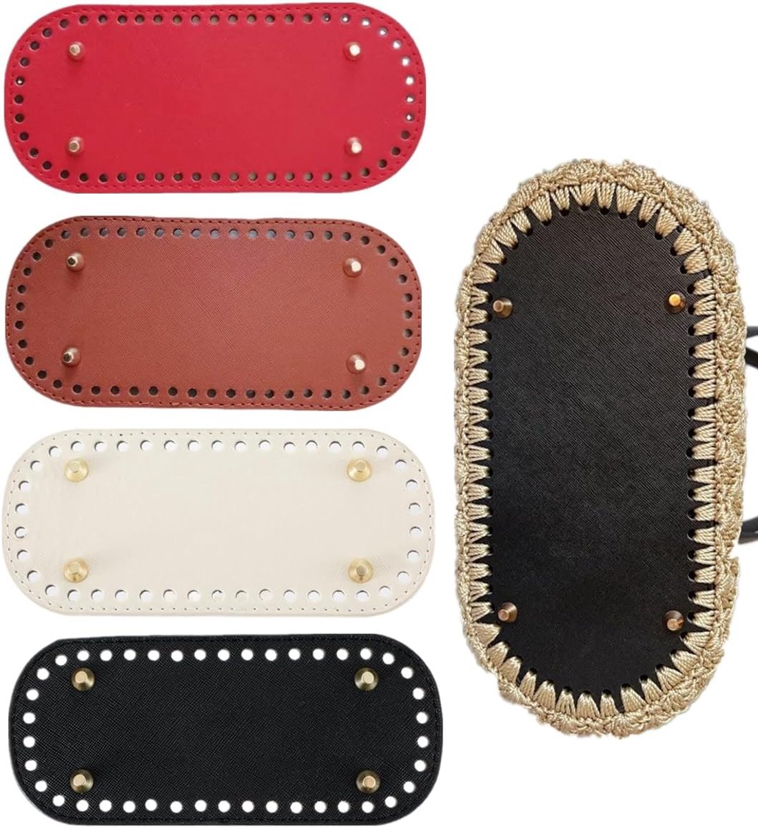 4 stuks basis zak haak 22 x 10 cm onderkant van de tas van PU-leer, ovaal, bodemzakken met gaten voor haken, handgeweven, doe-het-zelf, schoudertassen