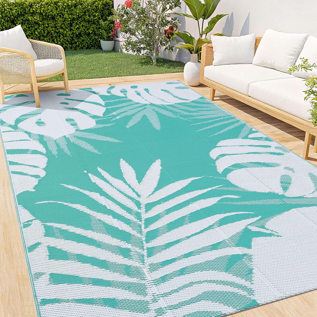 Waterdicht buitentapijt, antislip omkeerbaar kunststof stro tuintapijt, gemakkelijk te reinigen tapijt voor camping, terras, strand, picknick, achtertuin, 150 x 240 cm, wit en groen