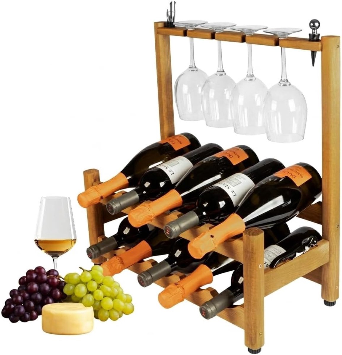 Wijnrek FSC voor 10 Flessen & 4 Glazen – Met Accessoirevak & Stelvoeten – Wijnrek Tafelmodel voor Keuken, Woonkamer of Bar – Wine Rack