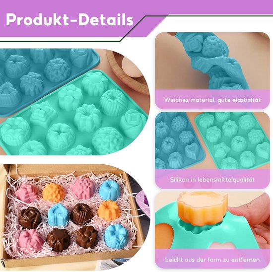 Zeepvormen van siliconen, 5-delige handgemaakte zeepvorm, 12 holle ruimtes, zeepvormen om te gieten, zeepvormen, geschikt voor doe-het-zelf handgemaakte zeep, chocolade, jelly (5 kleuren) — afbeelding 5