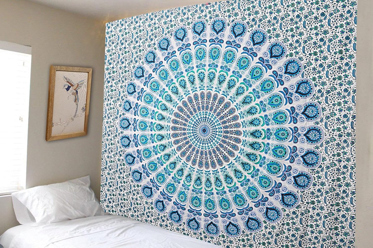 FINESSE Mandala Wandtapijt Hemelsblauw Wandbehang Wandtapijten Boho Pauw Wanddoek voor Decor Thuis en Woonkamer – 137 x 213 cm