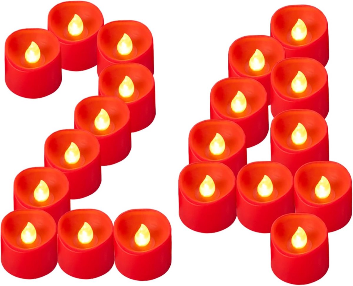 24 stuks rode led-theelichtjes, werkt op batterijen, vlamloos flikkerende rode kaarsen, elektrische theelichtjes, kunstkaarsen, grote verpakking voor Kerstmis, Halloween, bruiloft, romantische