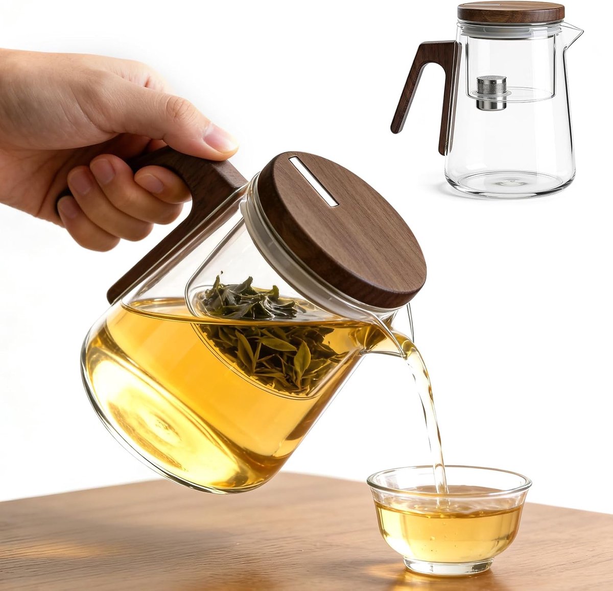 Theepot van glas met zeef, theemaker voor losse thee, glazen theepot met magnetisch zuigdeksel en hittebestendigheid, walnoothouten handvat, ideaal als theecadeau voor thuis en op kantoor
