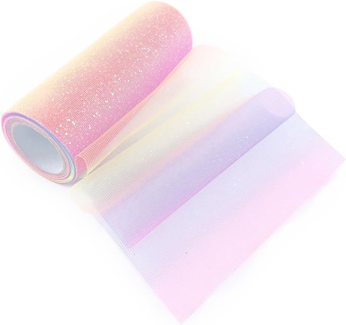 15 cm x 9 m tule rol, roze, lichtblauw, glinsterend | Regenboogkleurige kleine paillettenband, tafelspoel, glinsterende tule rol voor gastgeschenken, feestdecoratie