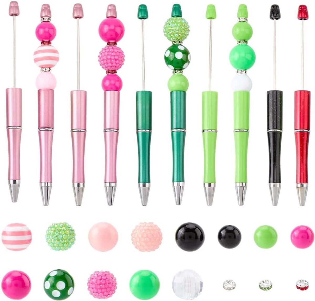 12 sets met kleurrijke parelstiften, stiftset met kralen, kunststof, kleurrijk, gesorteerd, klein, rond, sluitring, messing, strass, gladde afstandhouders, balpenset, fornitur