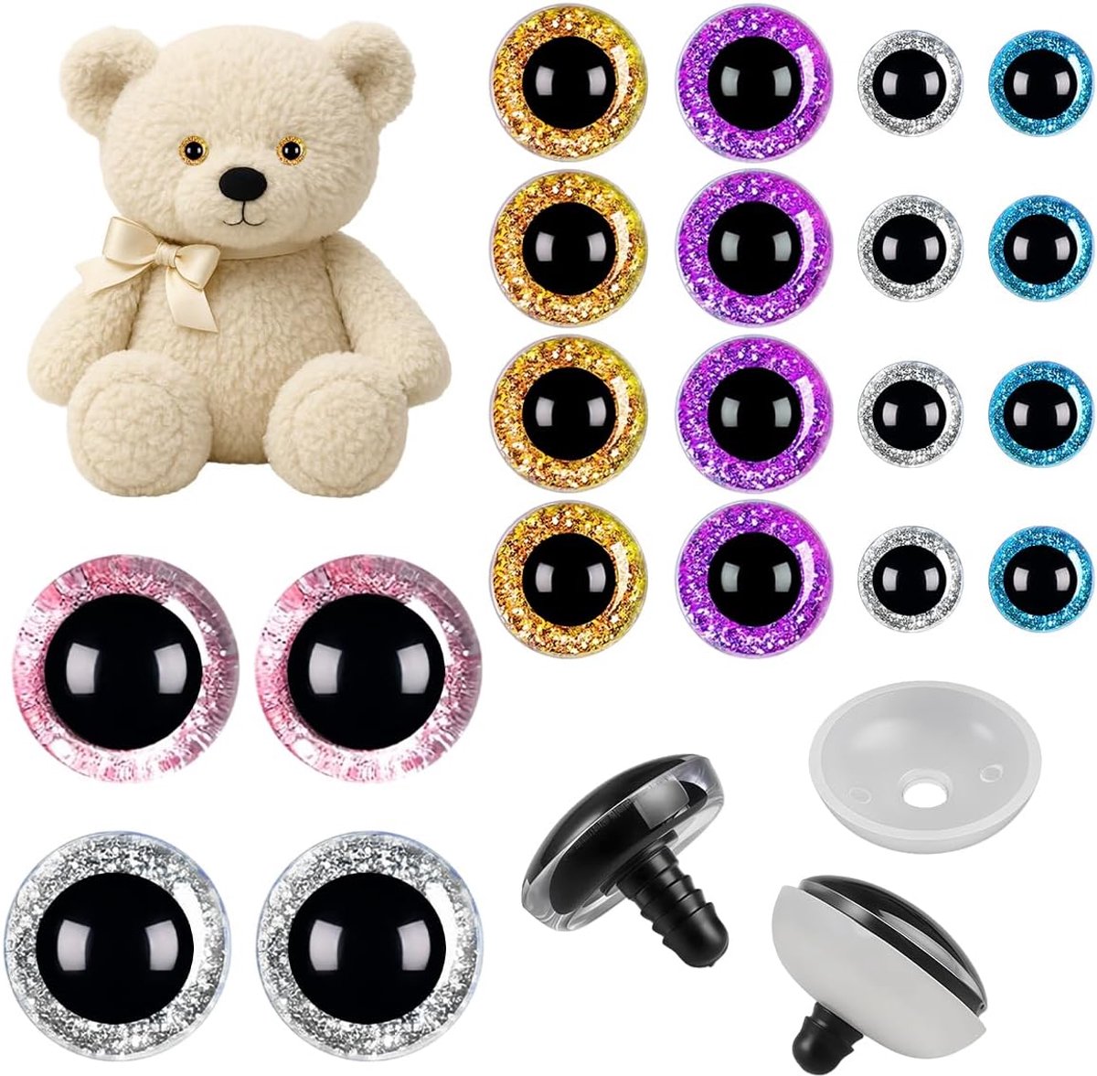 20 Stuks Glinsterende Veiligheidsoogjes voor Amigurumi 12mm/18mm/30mm | Glitter 3D Kunststof Ogen met Onderlegplaatje voor Gehaakte Dieren, Poppen, Knuffels, Teddyberen en DIY Knutselprojecten