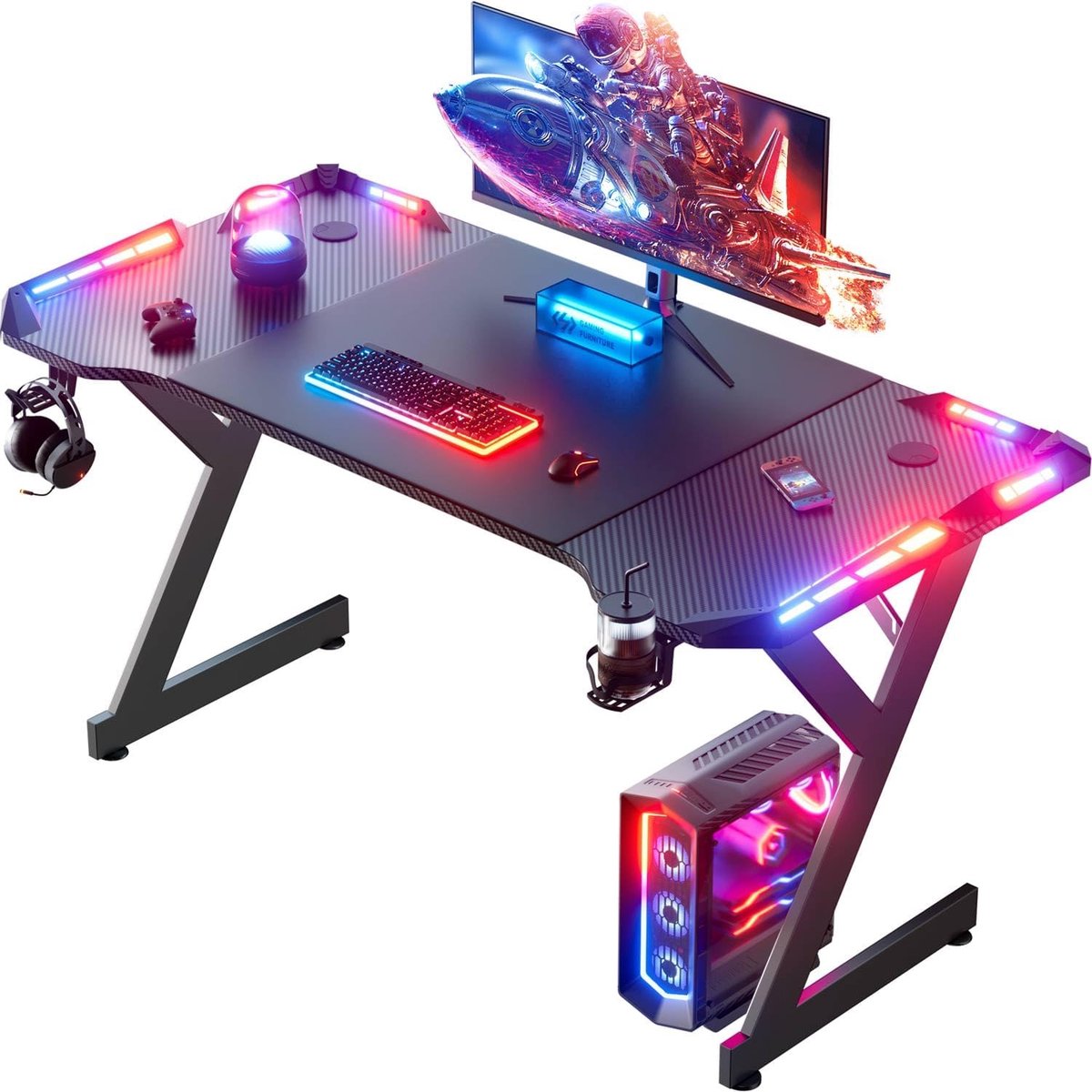Gaming Bureau met LED, Koolstofvezel, 160 x 60 cm, Zwart | Gamingbureau met Hoofdtelefoonhaak, Bekerhouder, Muismat en Kabeldoorvoertules voor Gaming, Thuiskantoor