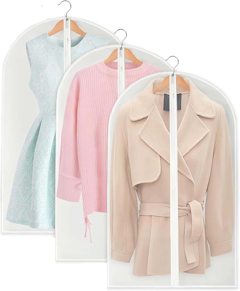 3 stuks kledingbeschermhoes, 60 x 100 cm, stofdicht, PEVA kledingafdekking, kleding met ritssluiting, wasbare stoelhoezen, stofdicht, waterdicht, voor jassen en rokken (transparant)