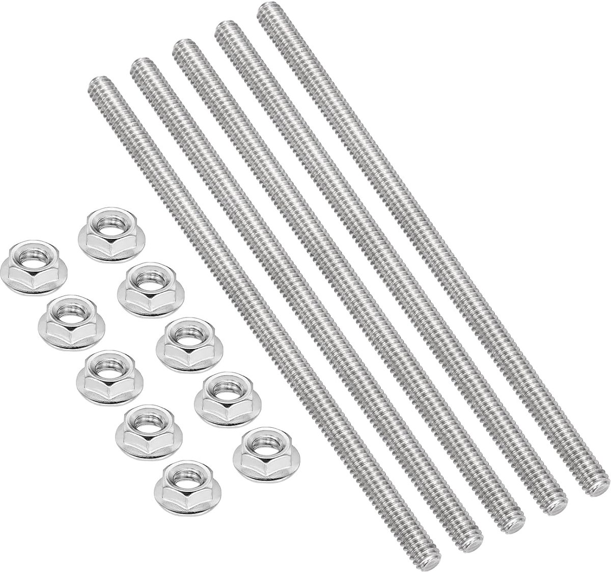 5 stuks 1/4-20 UNC x 140 mm draadstangen met zeskantmoeren 304 roestvrij staal volledige schroefdraadstangen rechtse schroefdraad met 10 stuks flensmoeren voor klemmen U-schroeven
