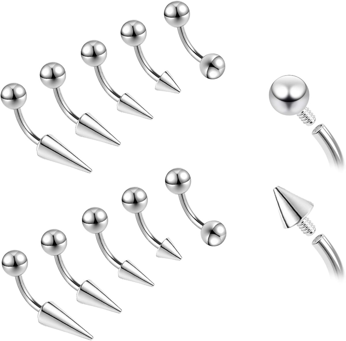 10 Stks 16G/18G Spike Wenkbrauw Piercing Sieraden, Interne Draad Gebogen Barbell Verticale Labret Lip Ringen, Spike Tragus Helix Oorbellen Rook Neus Brug Ringen