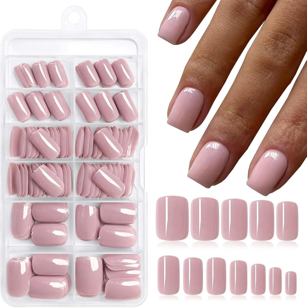 240 stuks beige, korte kunstnagels om op te plakken met kleefstrips, beige acrylnagels, vierkante staafjes, kunstnagels