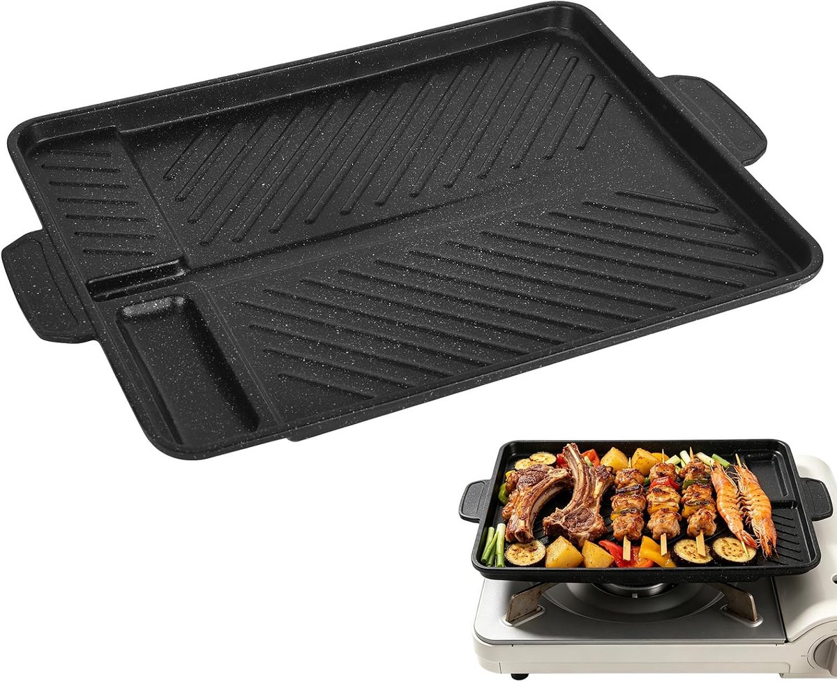 grillpan met antiaanbaklaag met zijhandgrepen, 37,5 x 26 cm, grillplaat voor tuinfeesten, camping en barbecue-avonden, voor gasbarbecue en campingfornuis