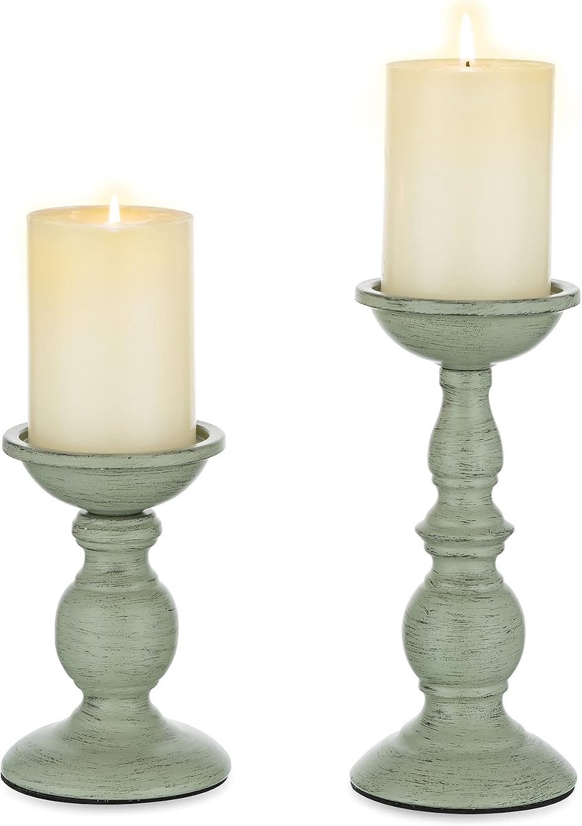 Vintage Pillar Candle Holders Set van 2, Distressed Iron Candleholder Shabby Chic Kandelaar Kandelaar Decoratieve Tafel Middelpunt Ornamenten voor Kerst Schoorsteen Openhaard Decor