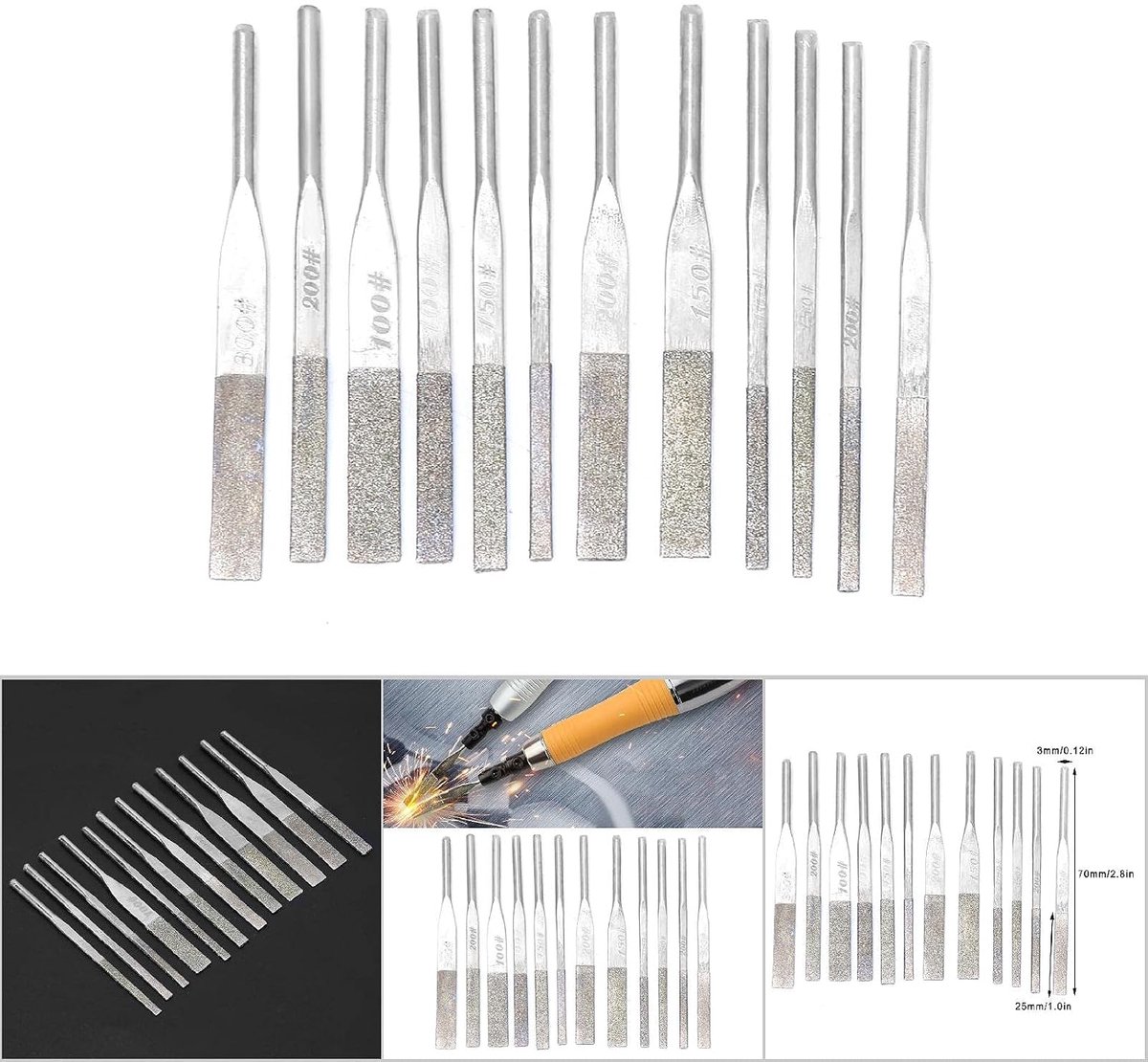 Vijlen 12 stuks conische machine met schacht 3 mm voor alternatief slijpen, afgevlakt schuin lemmet met slijpsteen set lange vijlen korrel 7,1 cm 100#-300# incl