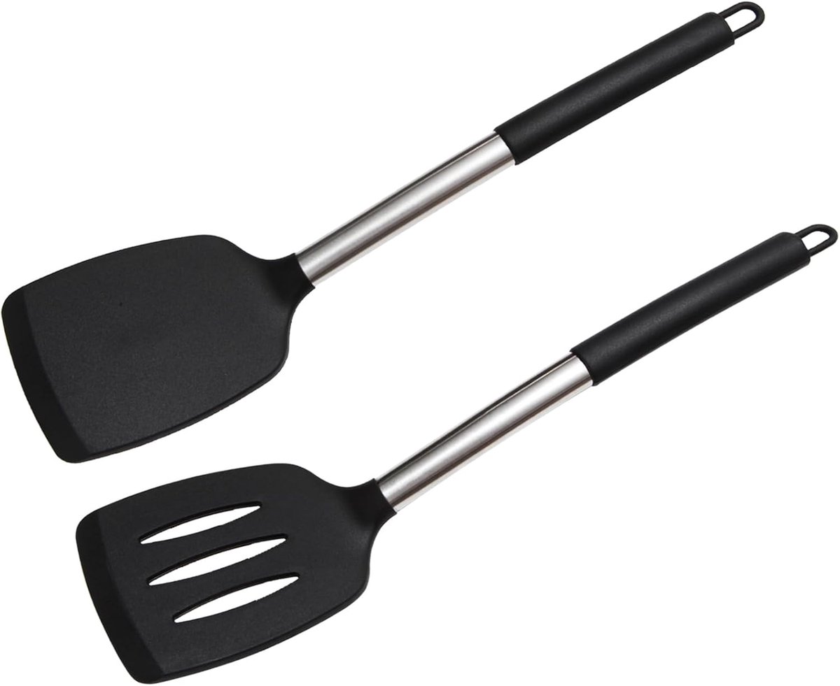 Set van 2 spatels, siliconen spatel met roestvrijstalen handgreep, hittebestendig en anti-aanbaklaag, pannenkoekenspatel en gatenspatel voor keuken, keukengerei, zwart
