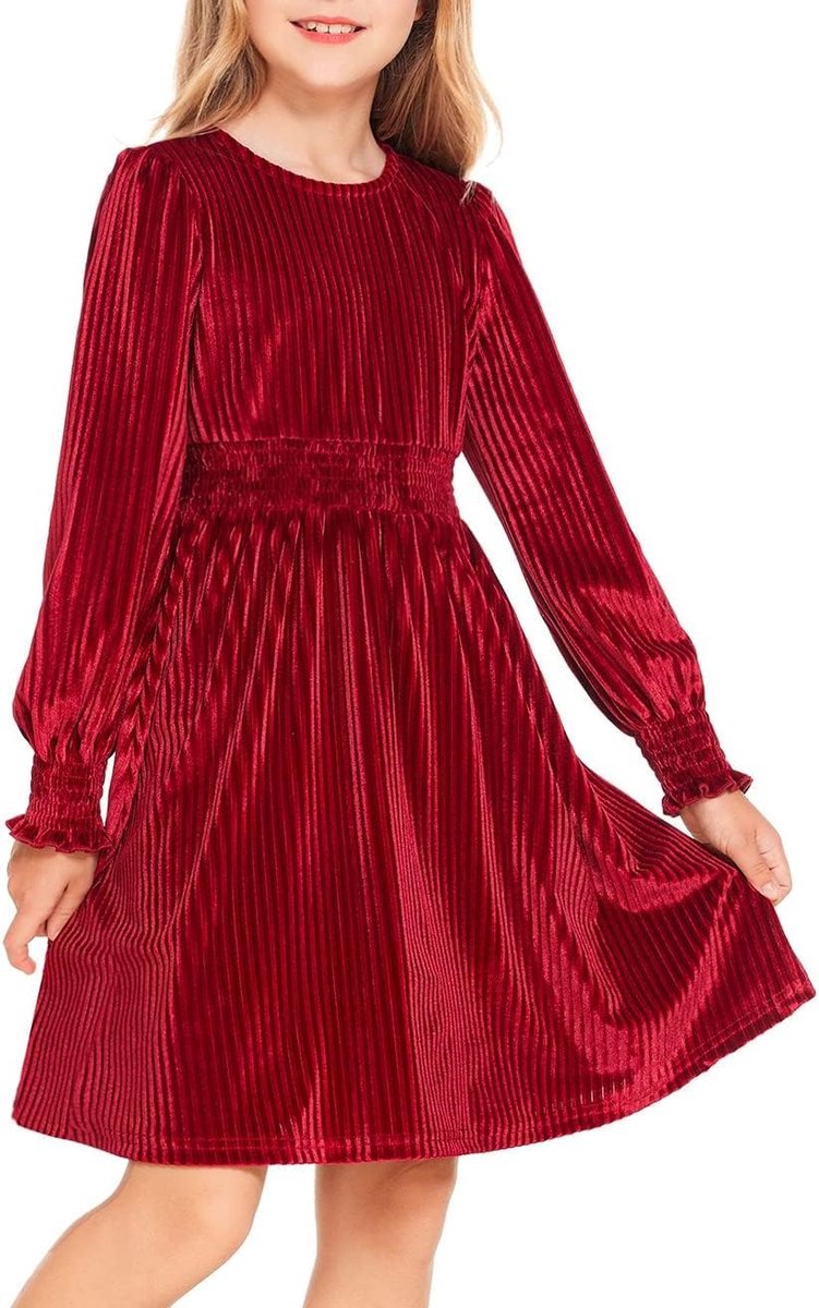 Meisjesjurk met lange mouwen, vrijetijdsjurk voor kinderen, effen, herfst, winter, feestelijke jurk, kerstjurk, vintage partyjurk, prinses, verjaardagsjurk, 6-13 jaar