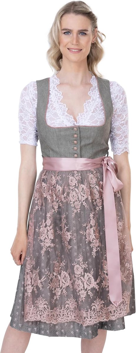 Isabella Dirndl, klederdracht, met knoopsluiting en kanten schort, elegante jacquard-dirndl in roze/grijs