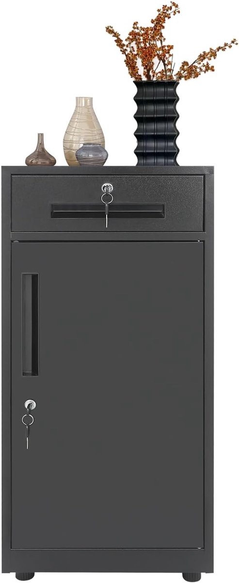 Archiefkast afsluitbaar met slot en laden, metalen kast, koudgewalst staal voor kantoor, slaapkamer, woonkamer, zwart (één lade en een deur)