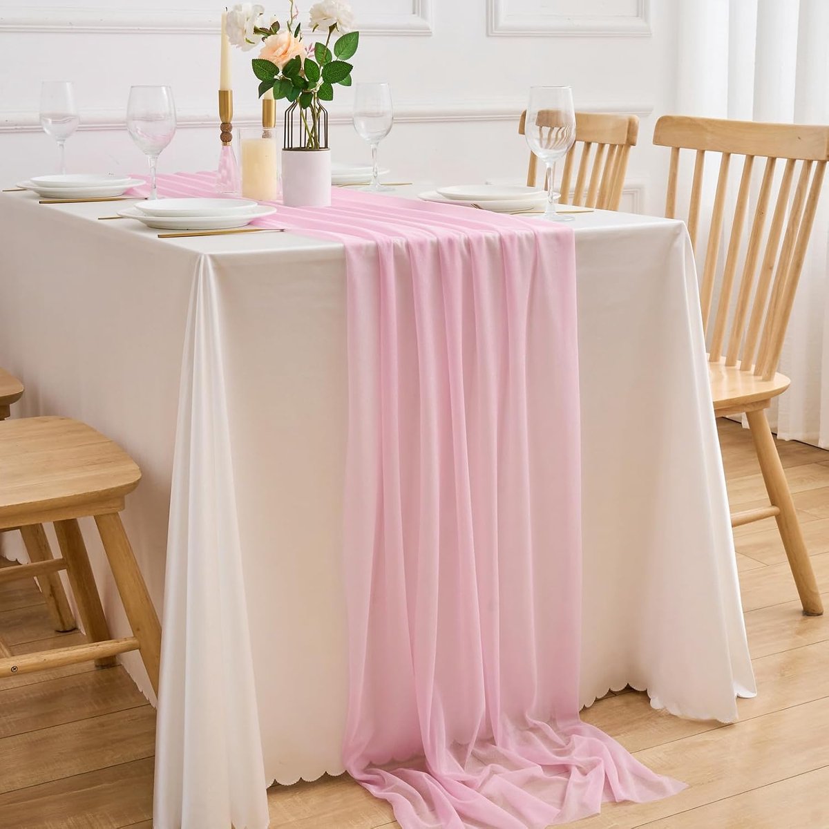 Tafelloper, chiffon, afwasbaar, modern, natuur, bruiloft, lente, decoratie, landhuisstijl, voor buiten, zomer, woonkamer, kleine tafelkleden, roze, 75 x 300 cm
