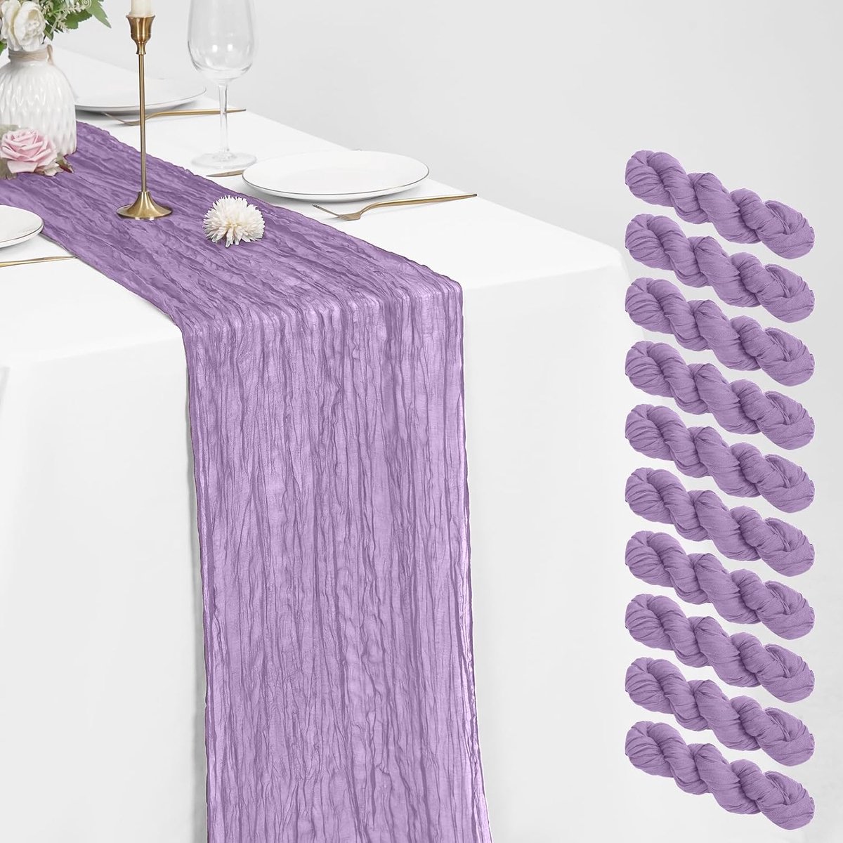 10 stuks kaasdoek tafelloper lichtpaars 21 x 120 inch rustieke boho gaasstof tafelloper romantische lange kaasdoek tafelloper voor bruiloft, festival, jubileum, diner en buitenevenementen