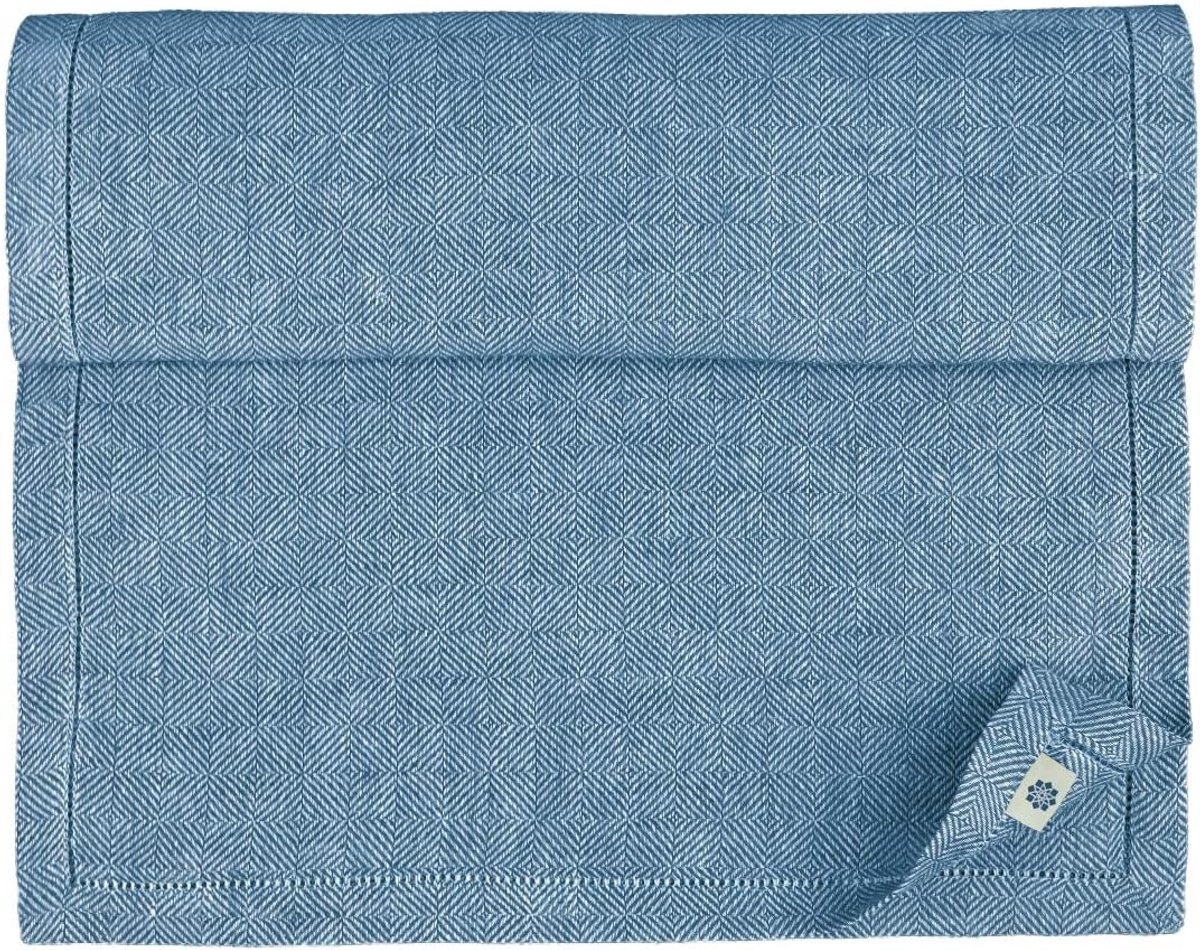& Cotton Luxe Tafelloper Stof Loper Tafellinnen Scandi met Open Zoomsteek - 100% Linnen, Blauw (44 x 180 cm) voor Keuken Woonkamer Kerstmis Restaurant Huwelijk Banket Home Diner Set Tafel Decor