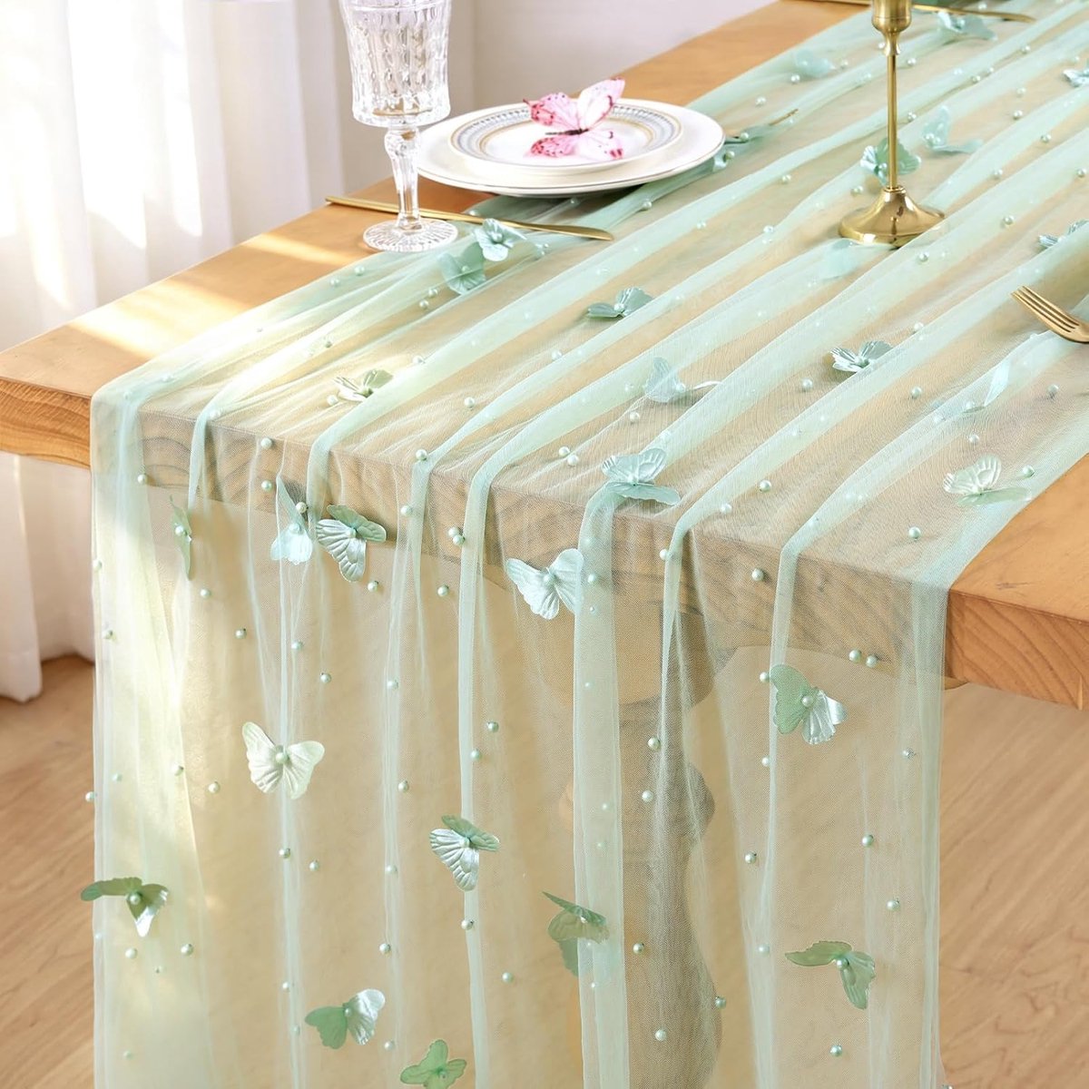 Tafelloper 75x300 cm, doorschijnende tafelloper van kaasdoek, tafeldecoratie met kant, parels en 3D-vlinders, tafellopers van gaas voor feestdagen (Groen, 75 x 300)