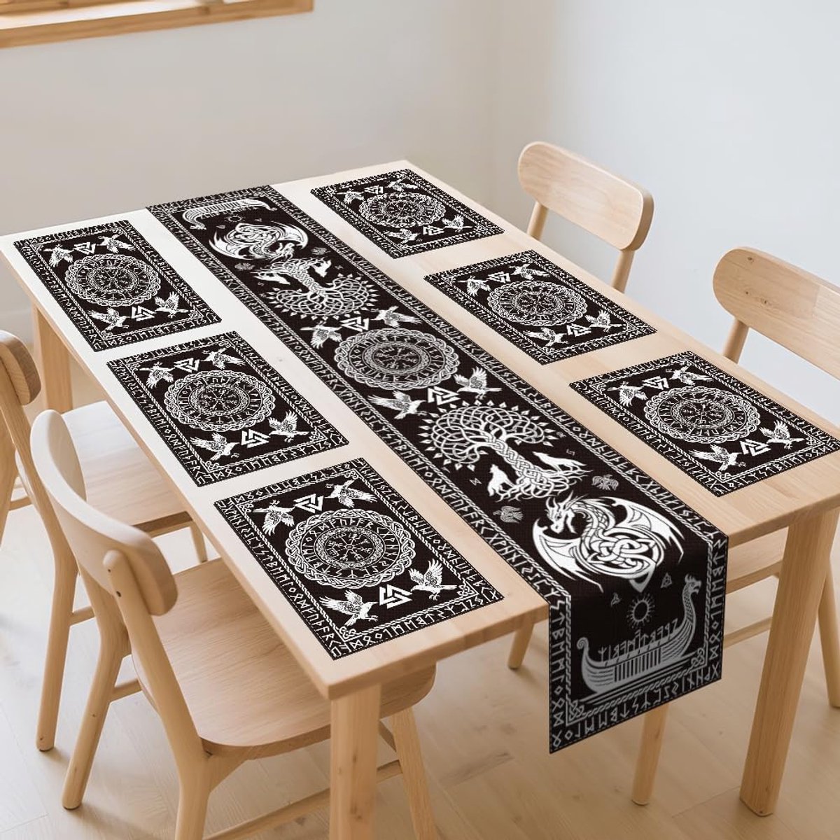 Zwarte Viking Tree of Life tafelloper en placemats set van 6, Viking Raven & Tree Keuken Eettafel Matten Moderne Kunst Eetinstellingen voor Thuis Keuken Tafels Bescherming Feestdecoratie