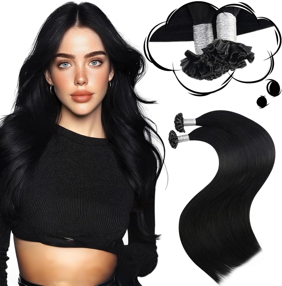 24 Inch/60cm Haarverlenging Echte Keratine Zwart 50g 50 Strengen U Tip Hair Extension Recht Haarverlenging Van Echt Menselijk Haar Pre Bonded Haar Extensies Gitzwart #1 1g/1s