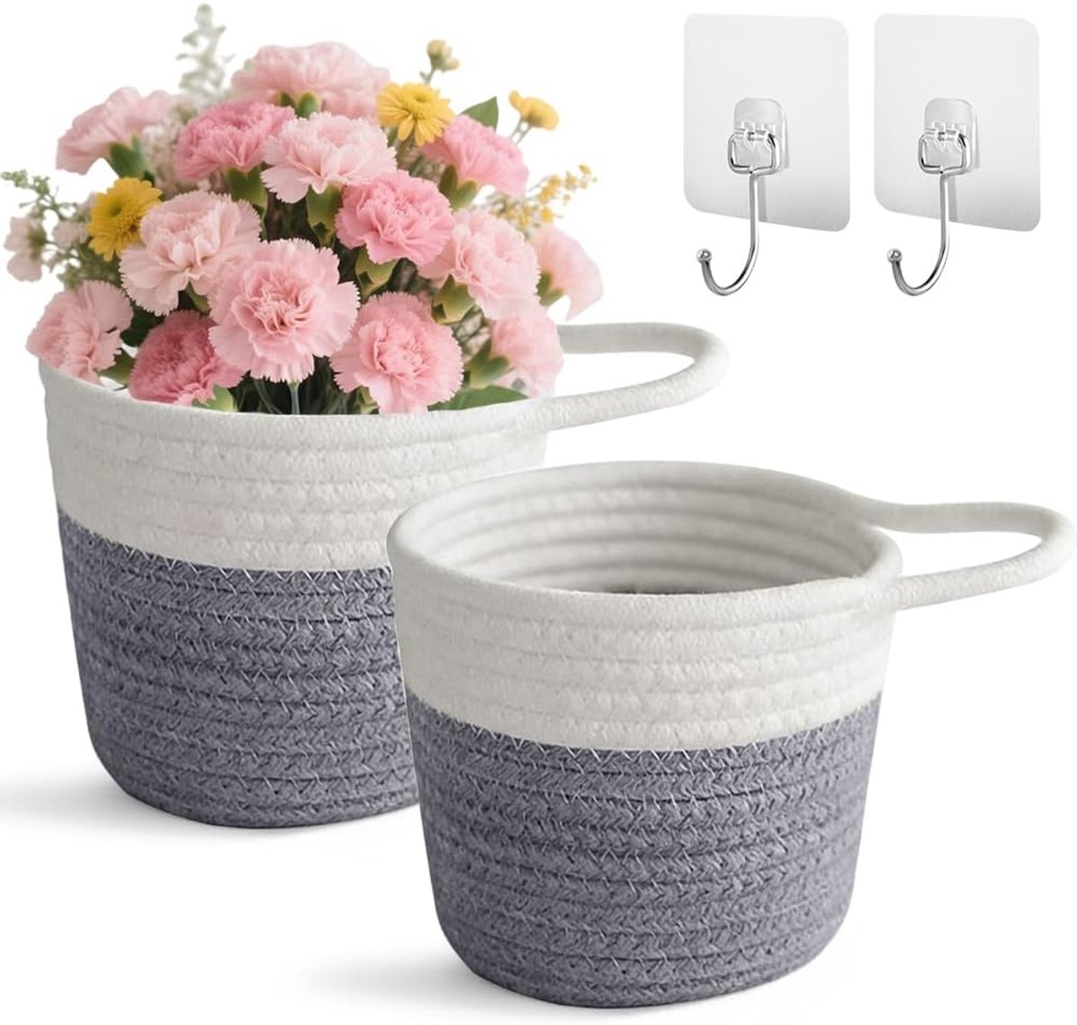 2 stuks hangmanden van katoen, organizer, opbergmand, wandmanden met handvat, 15 x 15 cm, opbergmanden voor keuken, badkamer, slaapkamer, woonkamer (wit en grijs)