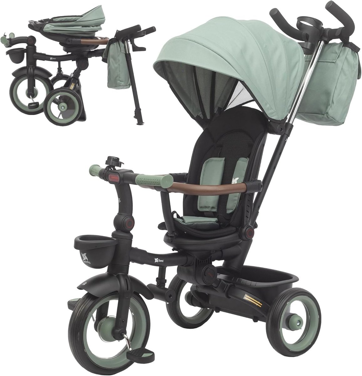 Evolutionaire inklapbare kinderwagen voor 1-5 jaar met kantel- en omkeerbaar zitje – Groeit met het kind, 5-punts veiligheidsgordel en riem en SAMI-beschermband (Donkergroen)
