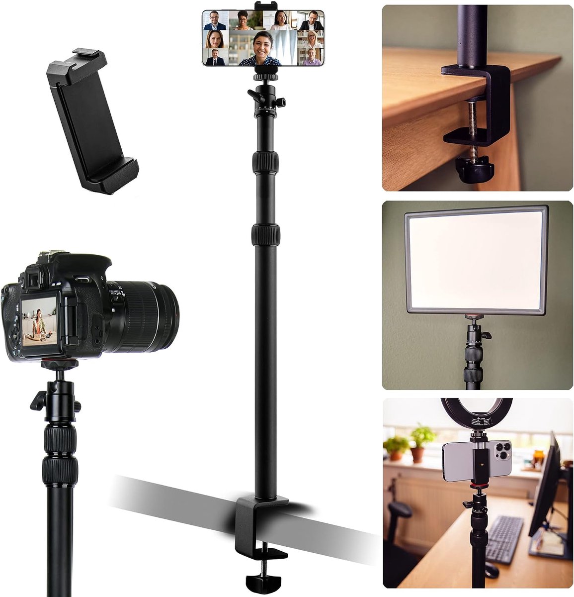 Tripod met tafelklem en smartphonehouder - Hoogte 43 tot 102 cm - 360 graden draaihoofd - SnelShoppen