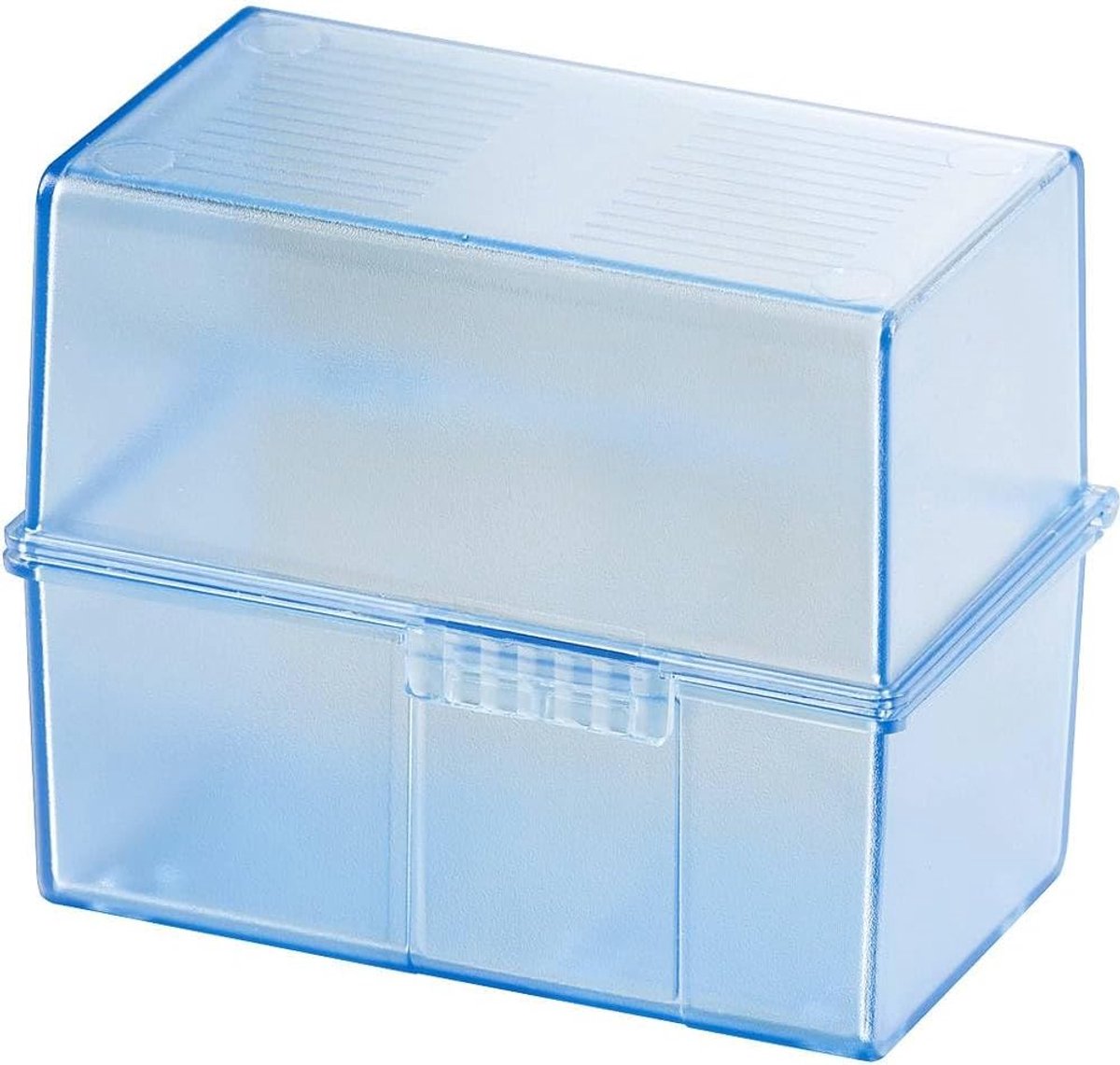 Indexbox DIN A8 dwars, leerbox in modern design voor 200 indexkaarten, inclusief 100 indexkaarten en A-Z-register, 979-64, doorschijnend blauw