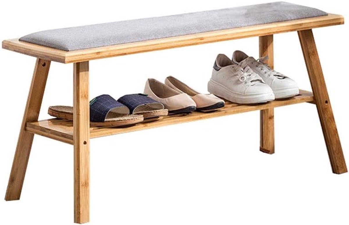 Schoenenbank met Opbergruimte - Schoenenrek Zithoogte - Hal Organiseren - Bamboe Frame Linnen Kussen - 90cm Breed - Naturel