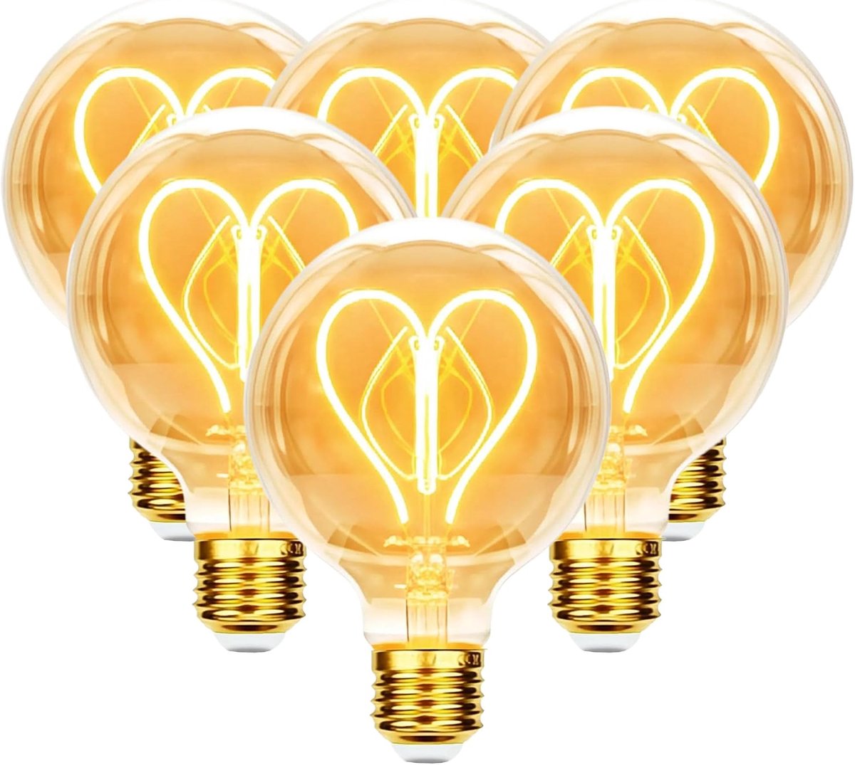 Lamp E27 4W Dimbaar Vintage Edison met Hartvormig filament - 6 stuks | Amberkleurig glas, Hartvormig LED filament, warm wit licht, Retro design,decoratief, Ideaal voor thuis, café of bar