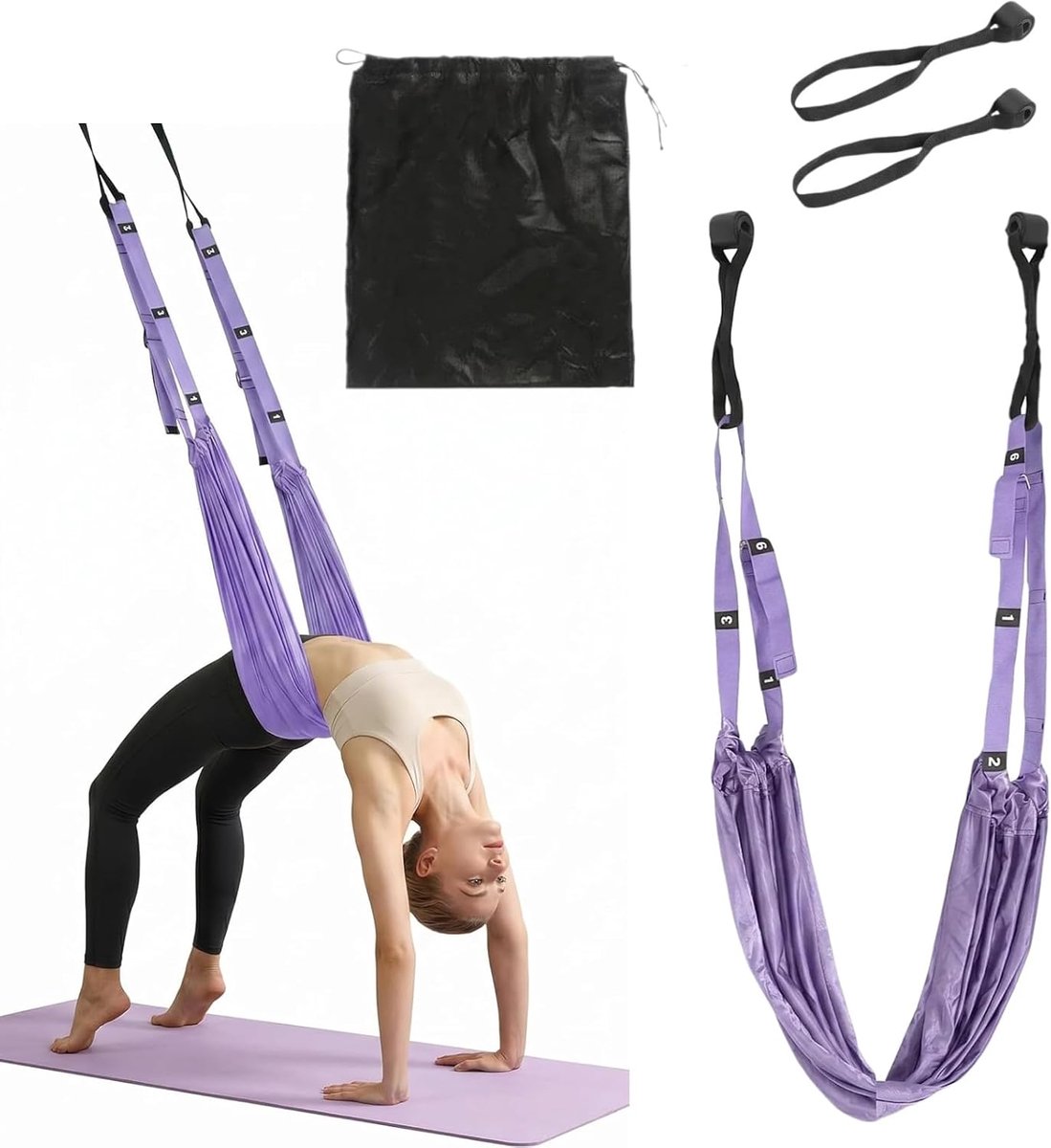 Yogahanddoek, paars, hoogwaardige yoga-hangmat van zijdestof en katoenen riem, zeer elastische anti-zwaartekracht-yoga-doek, draagvermogen tot 150 kg (300jin), 330 g licht, beginnersvriendelijk